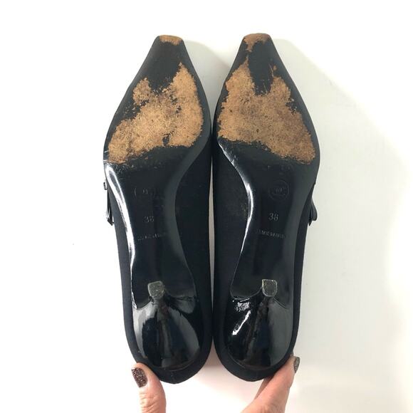 Chanel Retro Vintage Lagerfeld CC Bow Kitten Heel Pointed Toe Cap Toe Pumps 38 - Picture 10 of 11